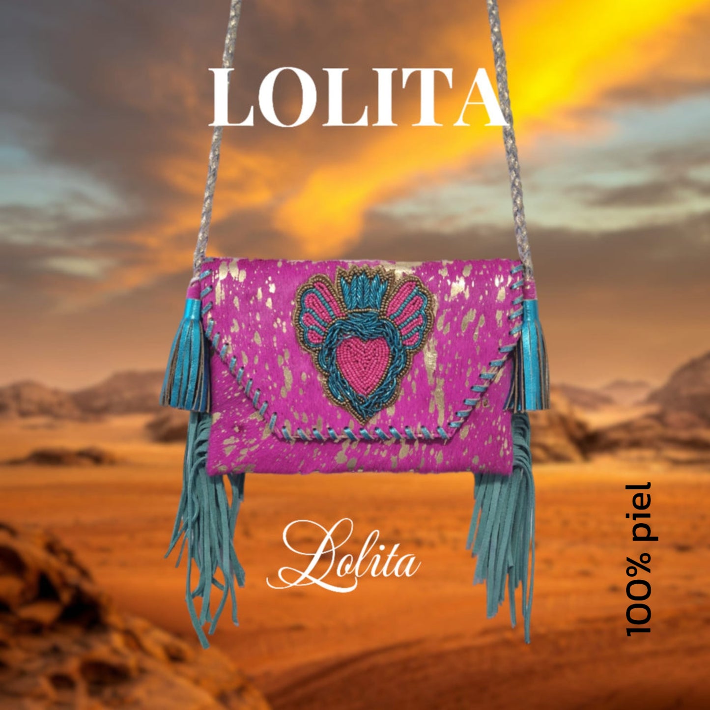 Bolso 100% piel, fucsia con flecos