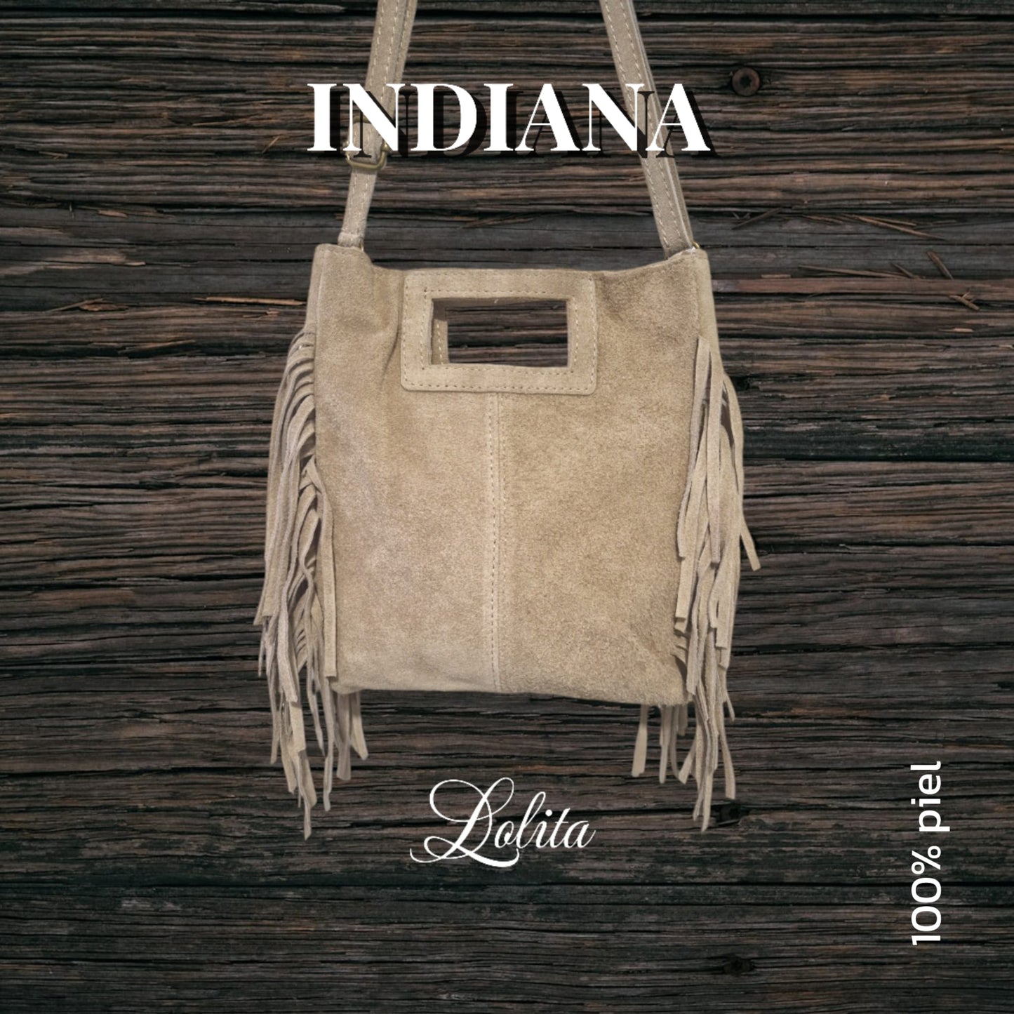 Bolso 100% piel beige con flecos