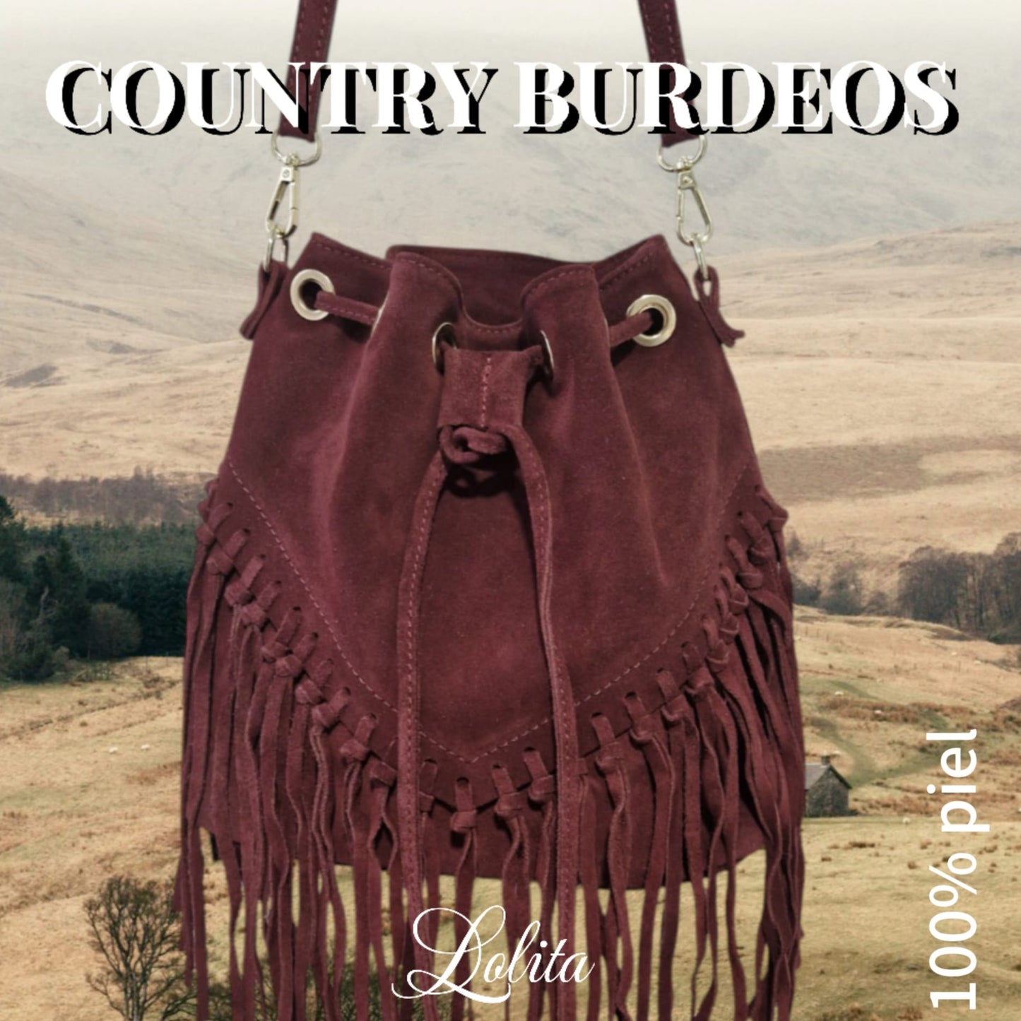 Bolso 100% piel burdeos con flecos
