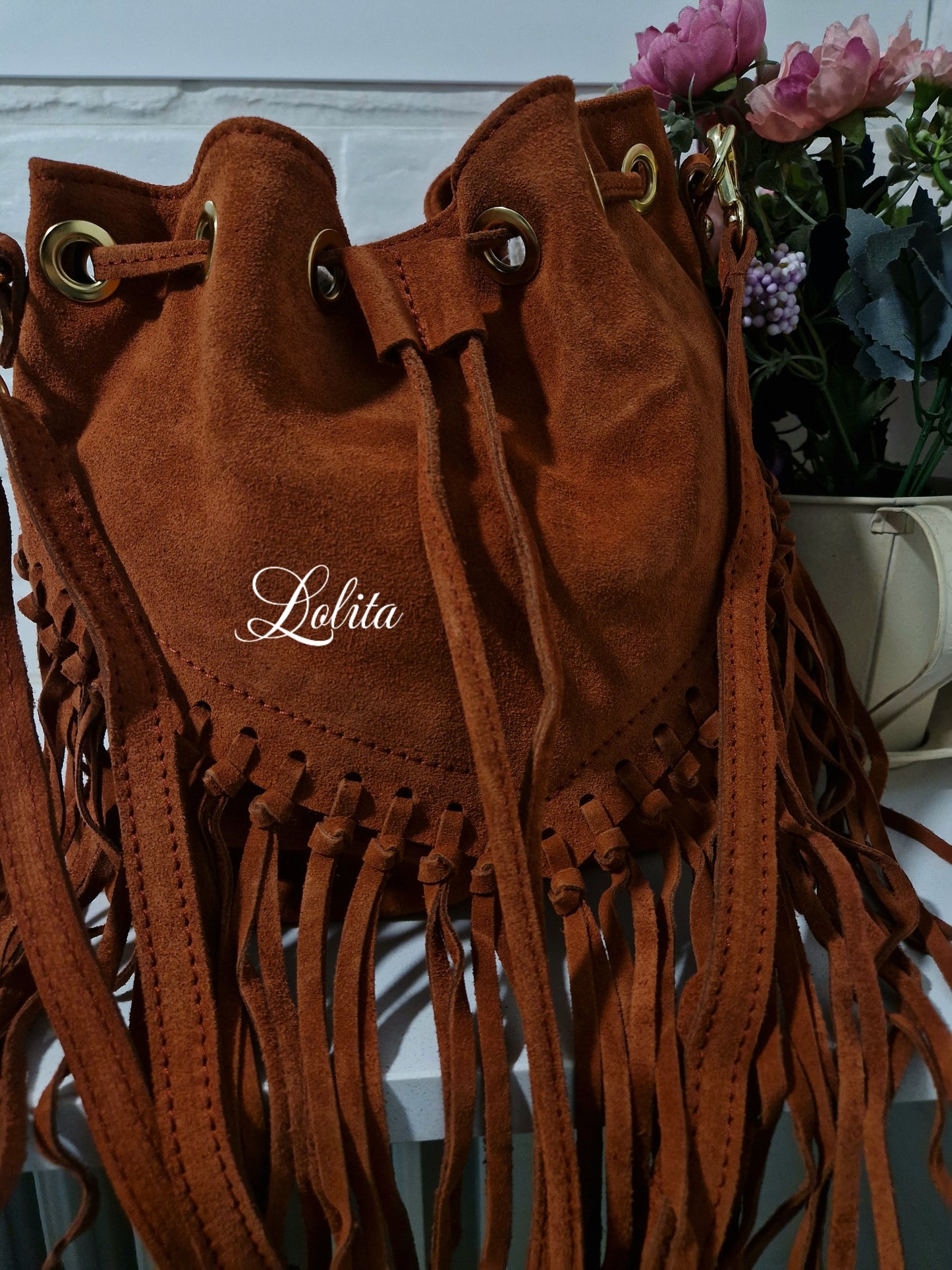 Bolso 100% piel teja con flecos
