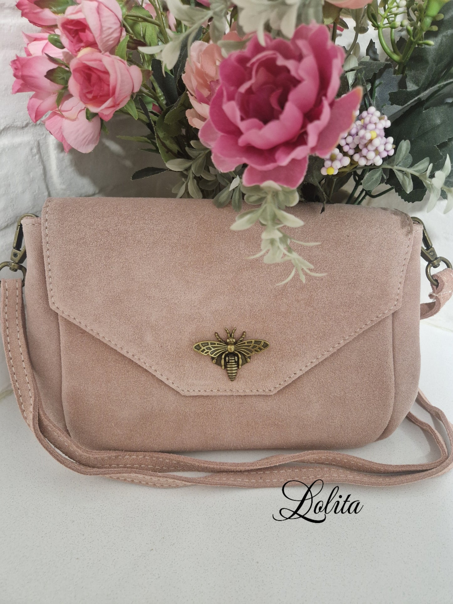 bolso bandolera de 100% piel rosa, abeja metálica