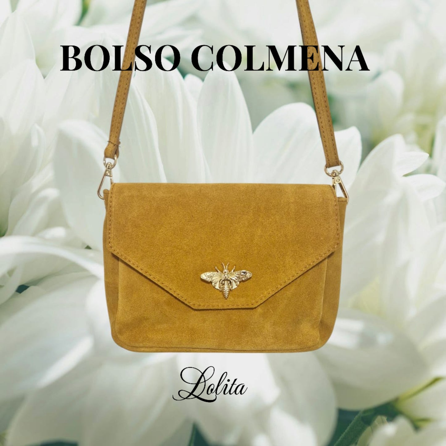 Bolso bandolera 100% piel mostaza, abeja metálica