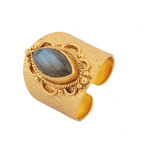 Anillo bronce con piedra labradorita, bañado en Oro 18K