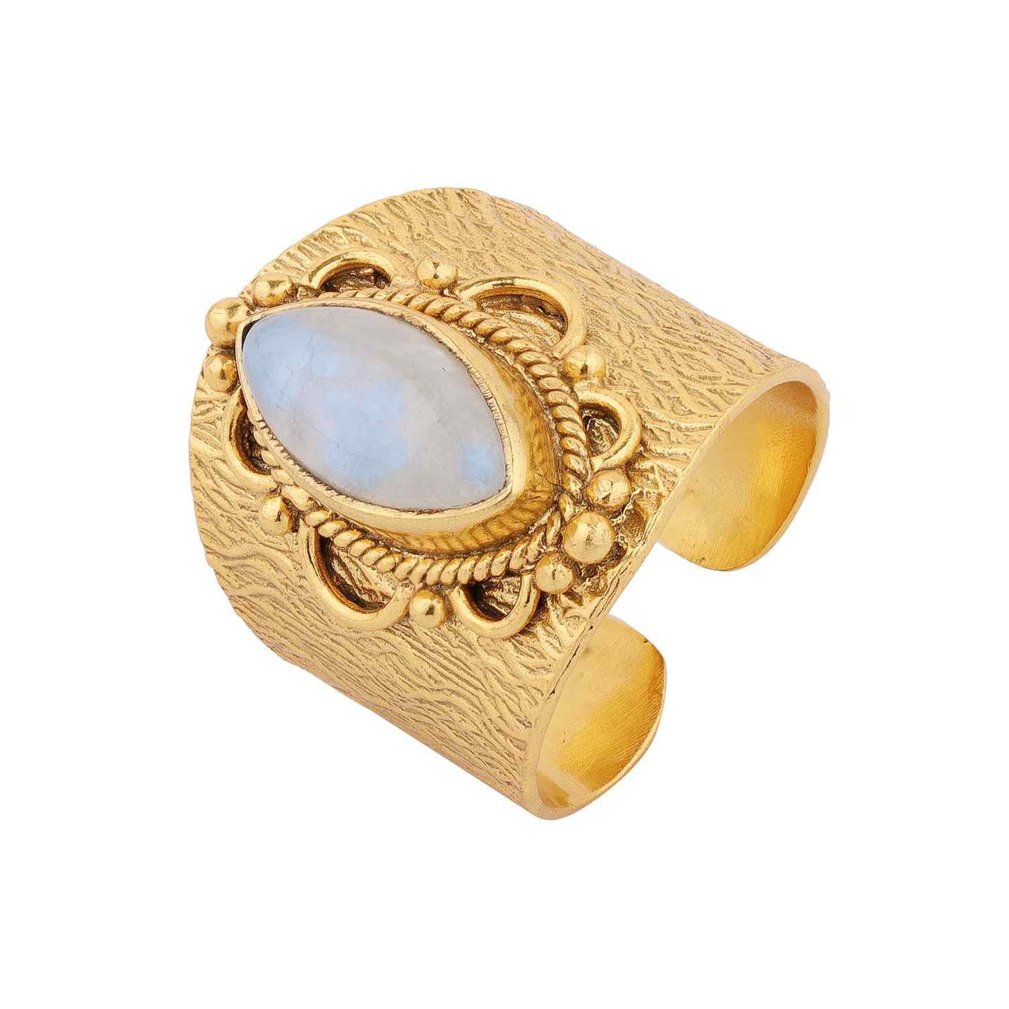 Anillo bronce con piedra luna, bañado en Oro 18K, ajustable
