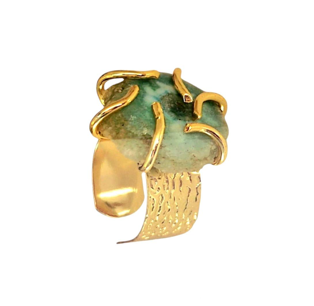 Anillo bronce con piedra ágata aguamarina ajustable, bañado en Oro 18K