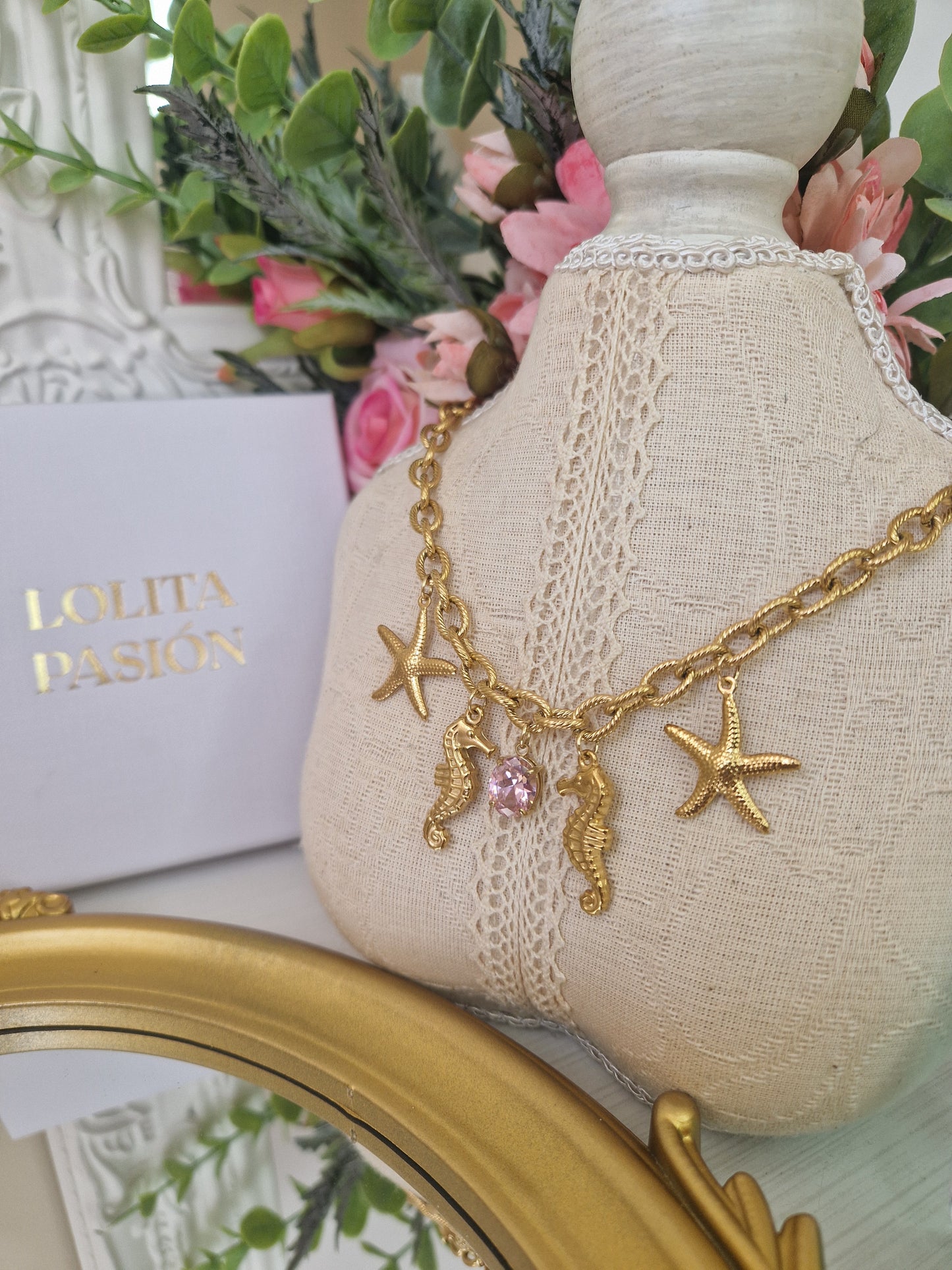 collar caballitos de mar dorado acero