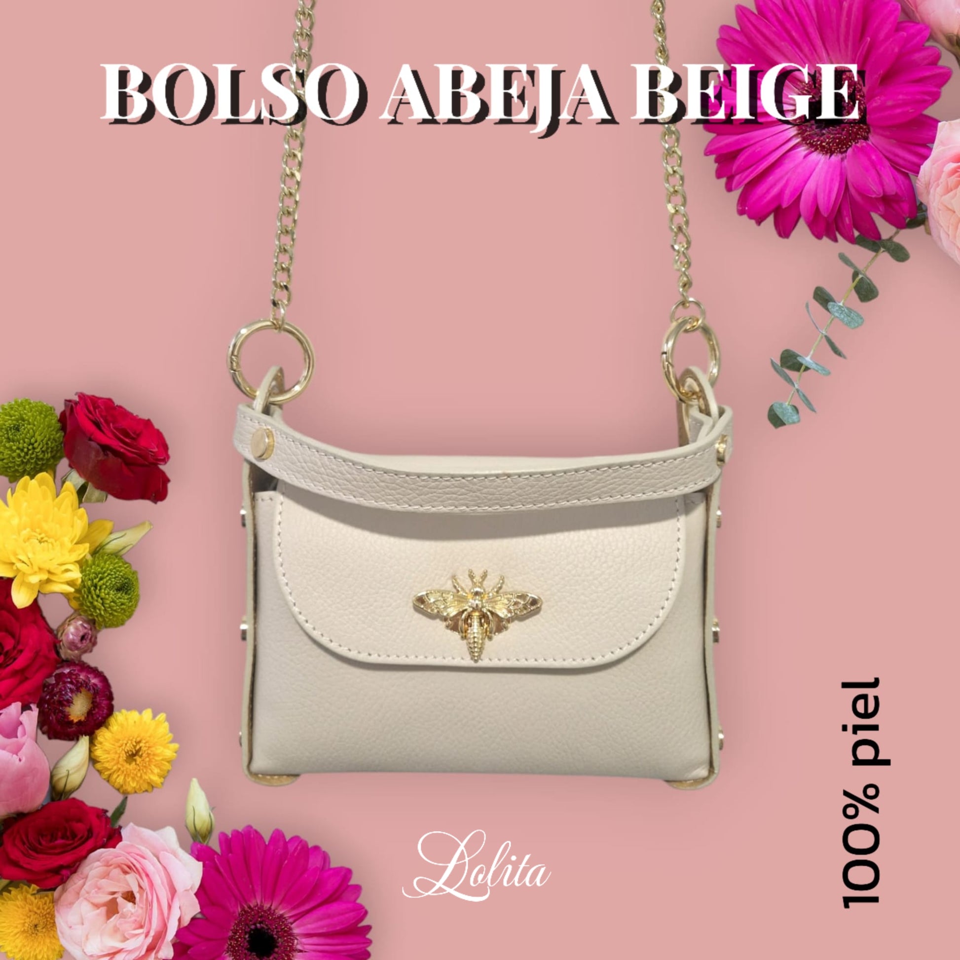 Bolso 100% piel beige, abeja metálica